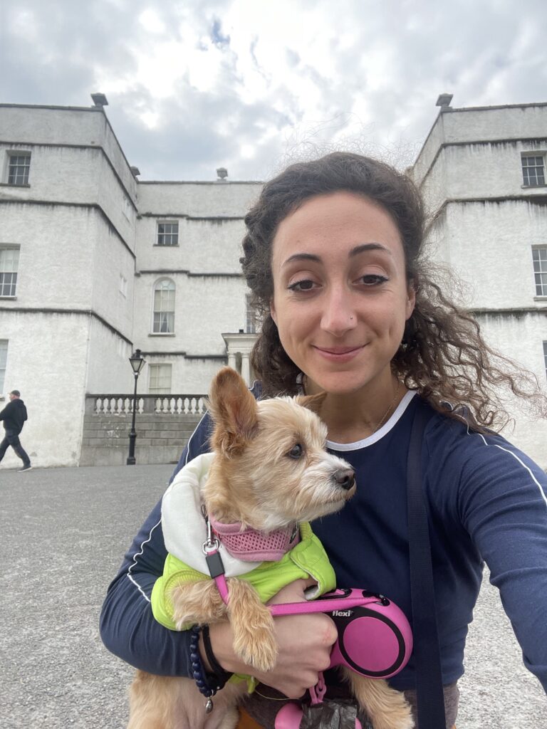 Sheila and I taking a selfie near an Irish Castle in Dublin; Moving to Europe with Your dog in 2023