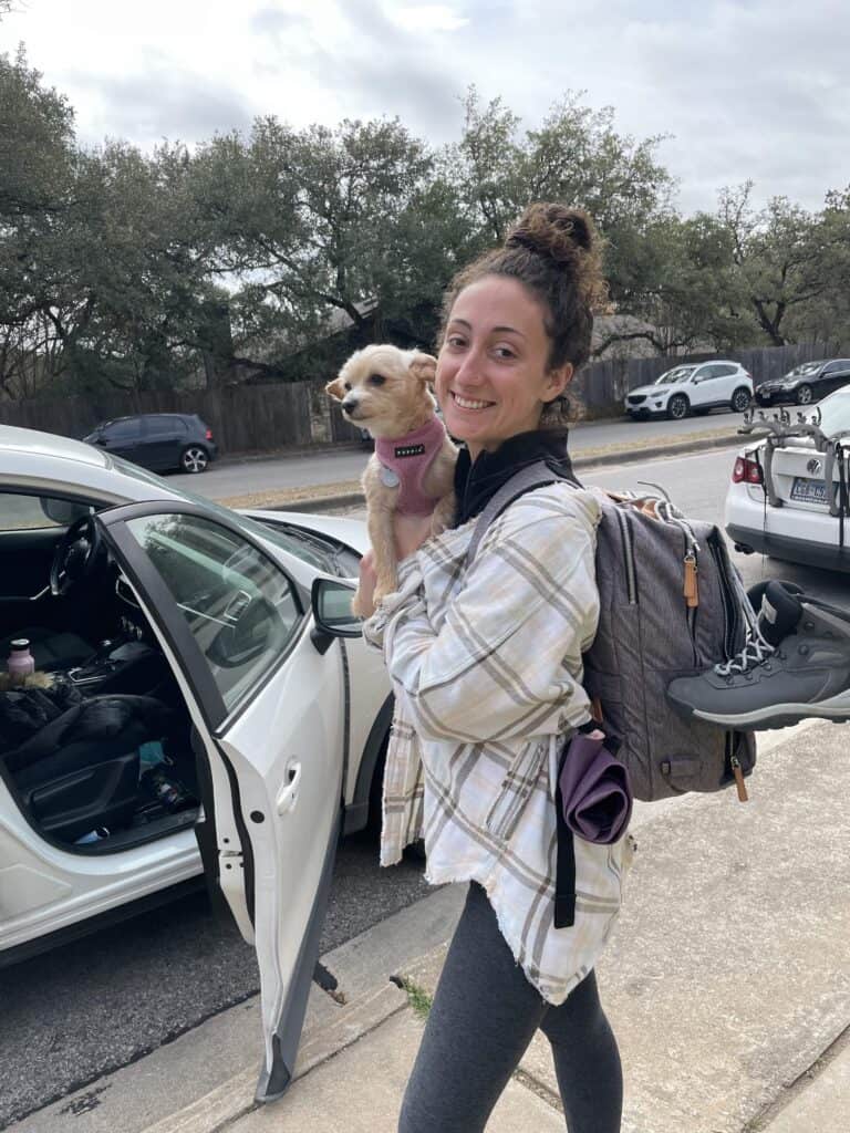 Sheila and I heading to the airport from our stateside home in Austin, TX; Moving to Europe with Your Dog in 2023