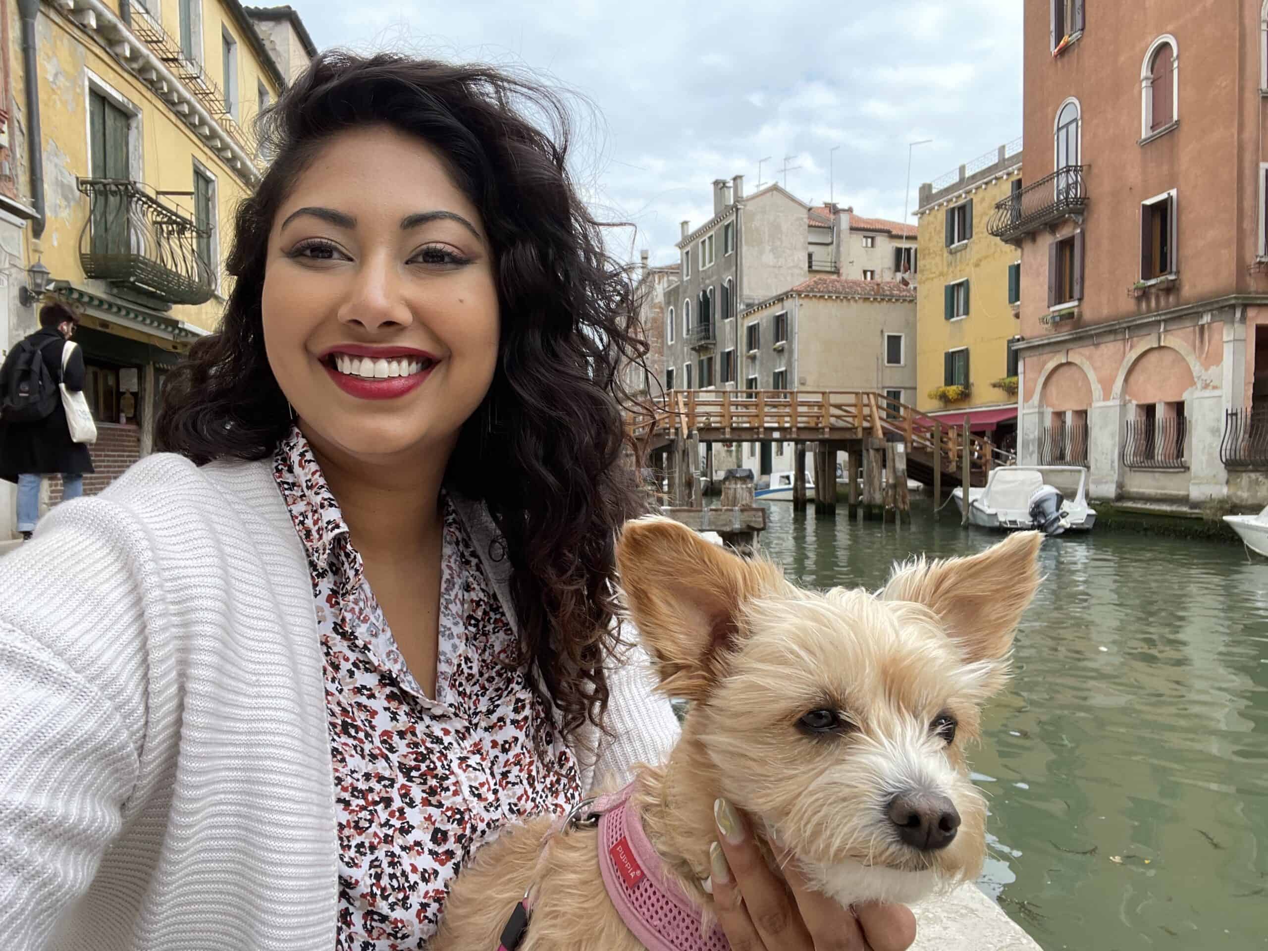 Sheila and my friend enjoying the canal in Cannaregio, Italy; Traveling to Italy with Your Dog 