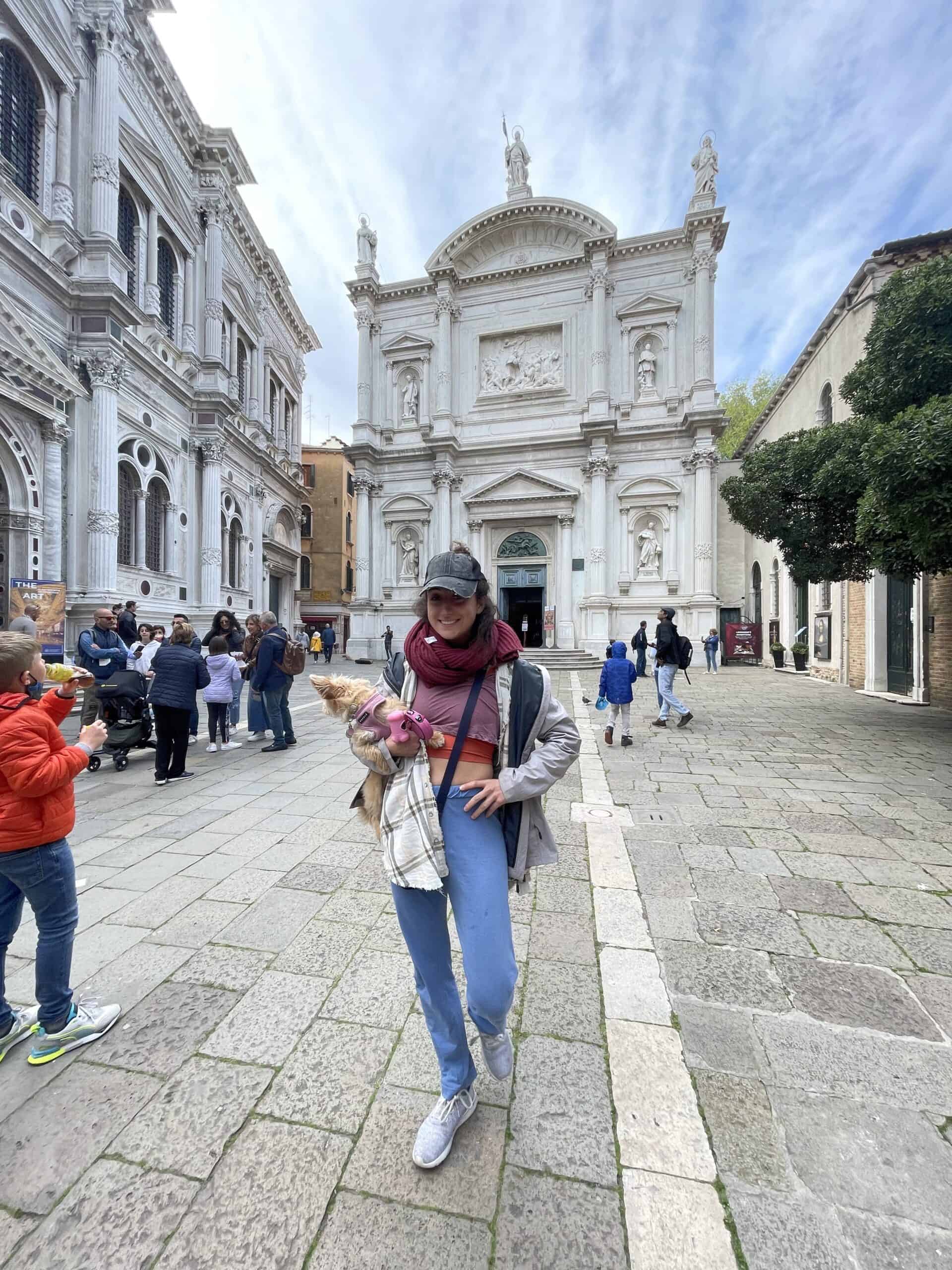 Sheila and I enjoying Basilica di Santa Maria Gloriosa dei Frari; Traveling to Italy with Your Dog 