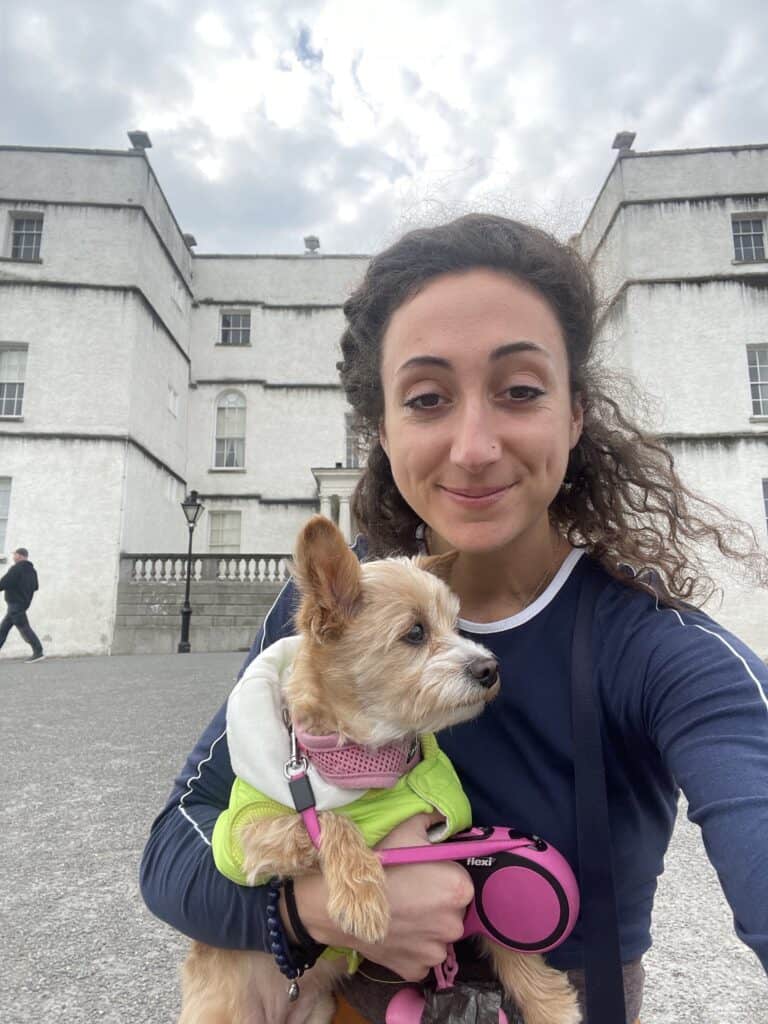 Sheila and I in front of Rathfarnham Castle, a dog park in Dublin 