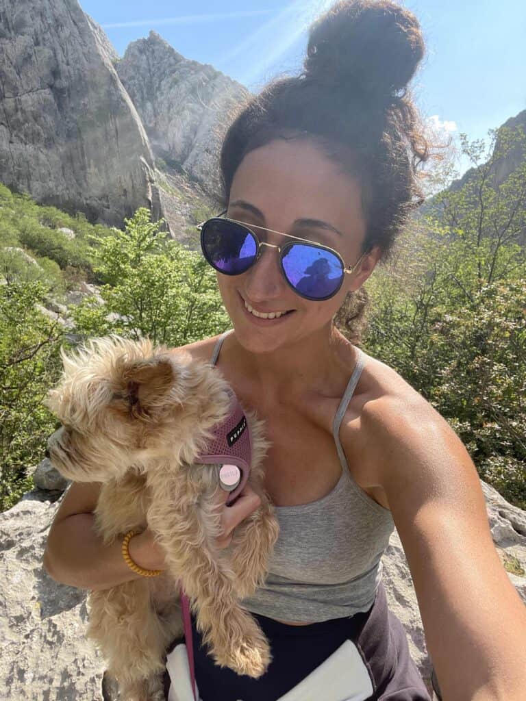 Small dog travel accessories: Sheila and I enjoying the canyons in Croatia