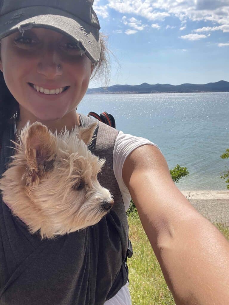 Small dog travel accessories: Sheila and I enjoying the Croatian coastline
