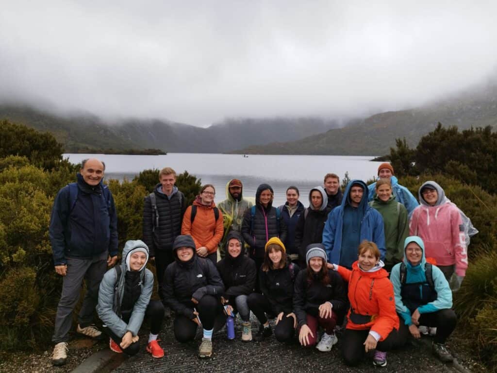 Our group on a rainy hike at Cradle Mountain in Tasmania